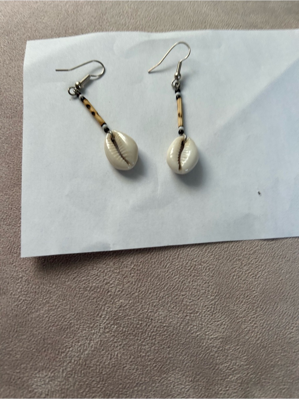 Vintage Cowrie Shell Drop Earrings with Tan Bead Accents